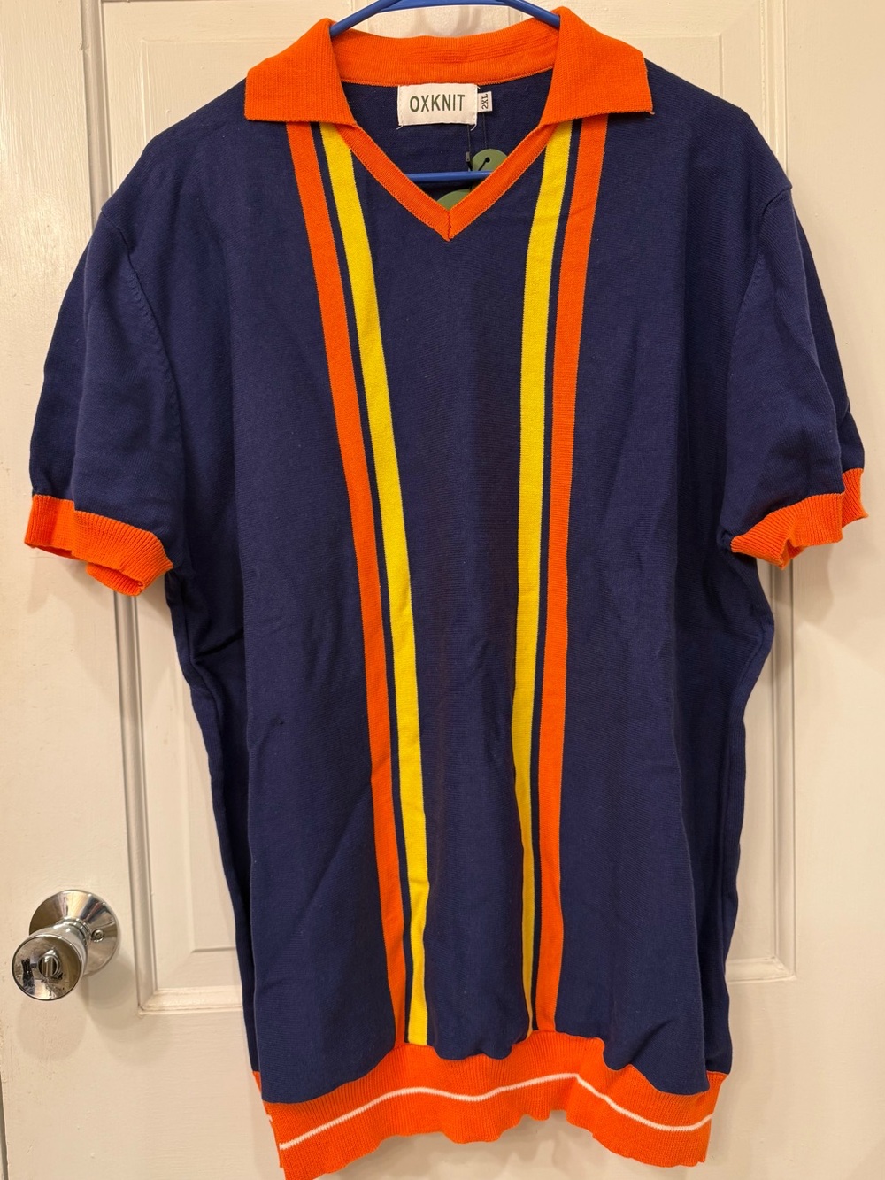 🏵️NWT🏵️ 2XL OXKNIT MEN'S 70S Navy, Orange & Yellow RETRO KNIT POLO STRIPE V-NECK